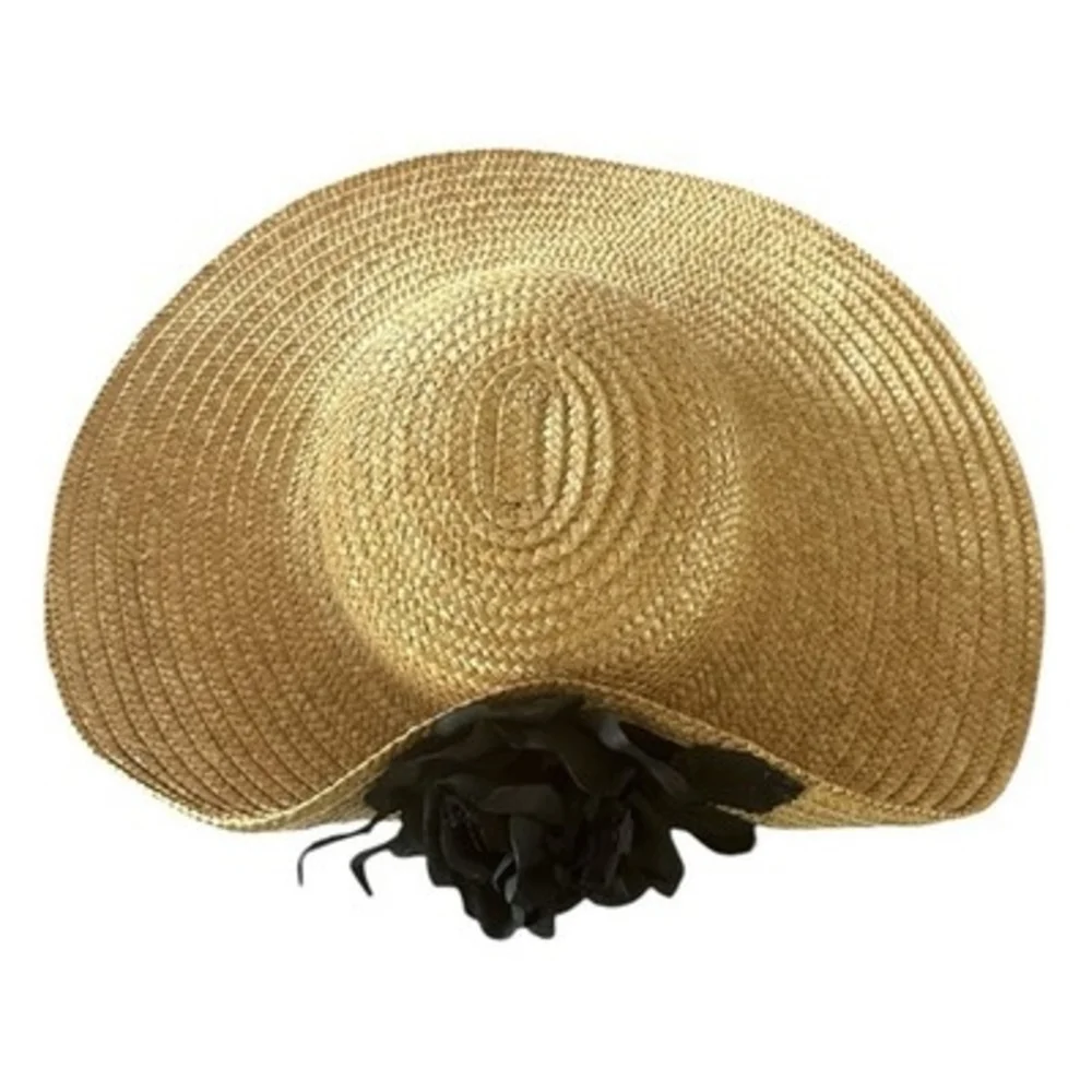 Vintage Wide Brim Natural Straw Sun Hat Black Satin Rose Flower Accent VG